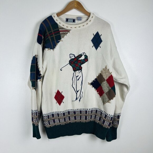 VTG Sutter & Grant Golf Novelty Sweater Sz XL Cotton Patchwork Grandpa Cabin 90s - Picture 1 of 10